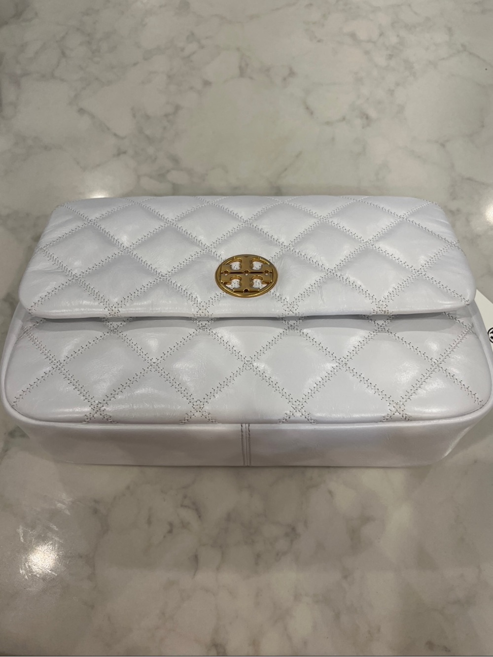 Tory Burch White Quilted Leather Flap Clutch with Gold Logo